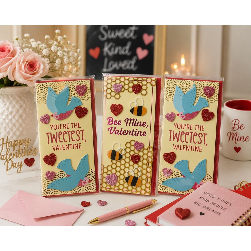 Handmade Happy Valentine's Day Card Doodle Hearts Plaid Pink/Red Puffy Heart